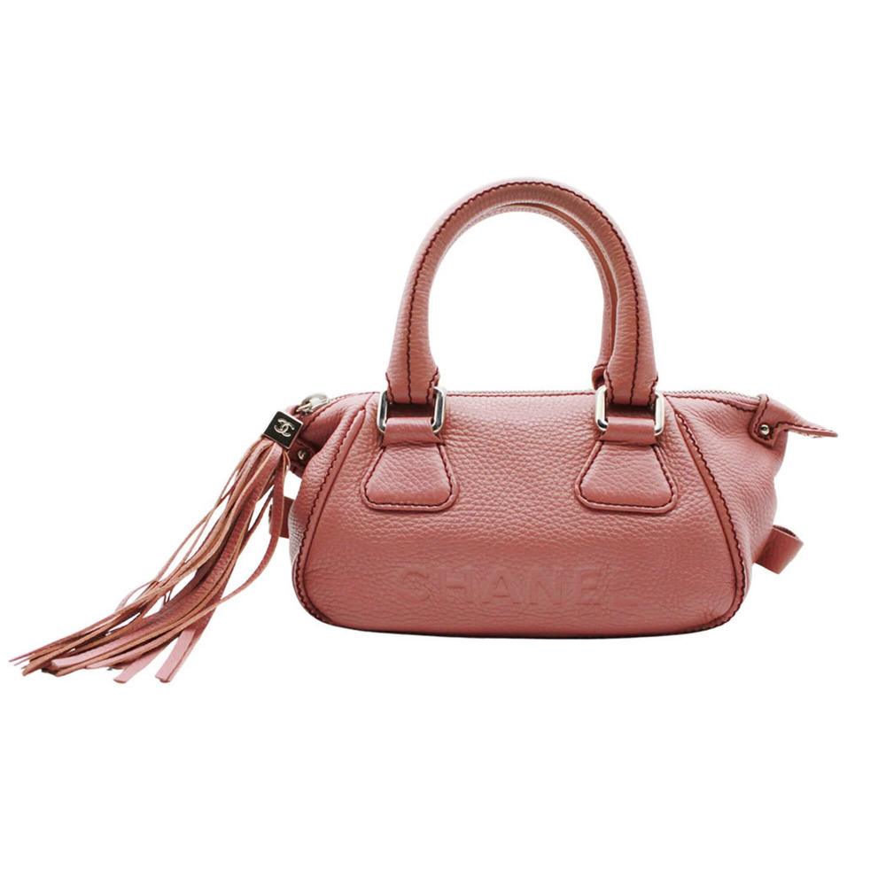 Chanel handbag for women, brand name, leather, pink, silver hardware, tassel.